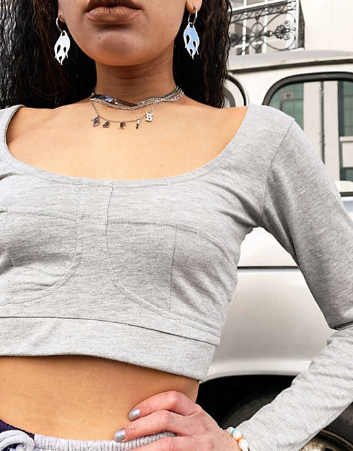 Exclusives Reclaimed Vintage inspired crop top with seam detail in grey marl 