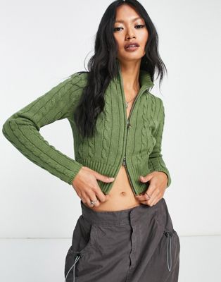 Reclaimed Vintage inspired crop zip front cable jumper in khaki | ASOS