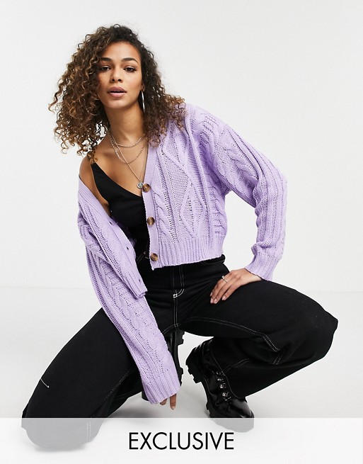 Reclaimed Vintage inspired cropped cable cardigan in lilac
