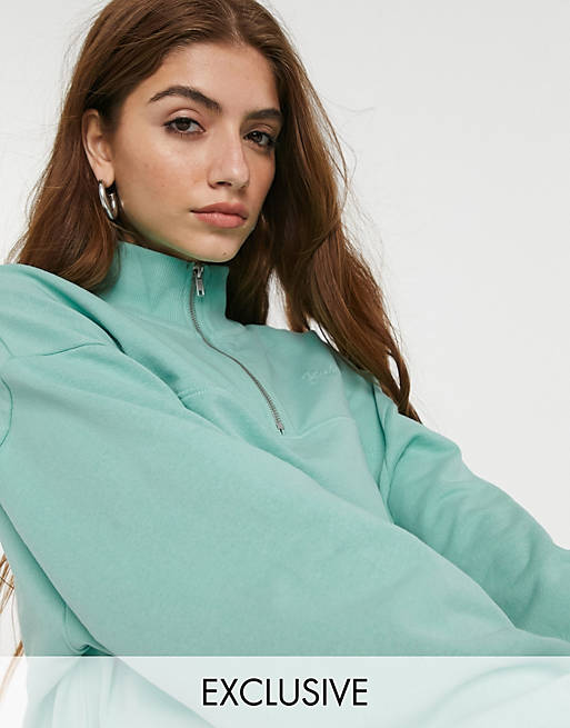 Reclaimed Vintage inspired cropped half zip sweat with logo embroidery in mint