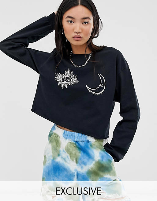 Reclaimed Vintage inspired cropped long sleeve t-shirt sun and moon ...