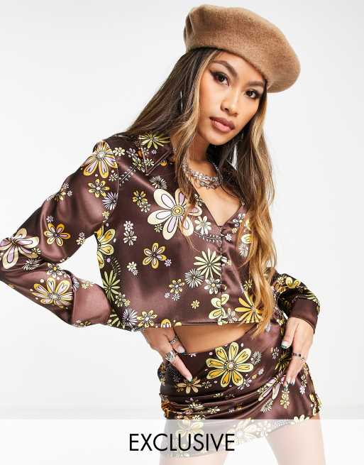 Reclaimed Vintage - Inspired - Cropped overhemd met reverskraag in jaren 70-stijl bloemenprint, deel van co-ord set