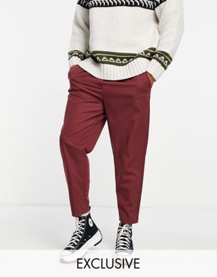 Reclaimed Vintage inspired cropped relaxed trouser in burgundy