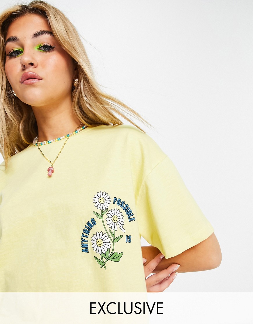 Reclaimed Vintage Inspired cropped t shirt with daisy embroidery in yellow set