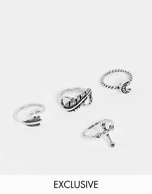 Reclaimed Vintage inspired cross and feather rings in silver 4 pack