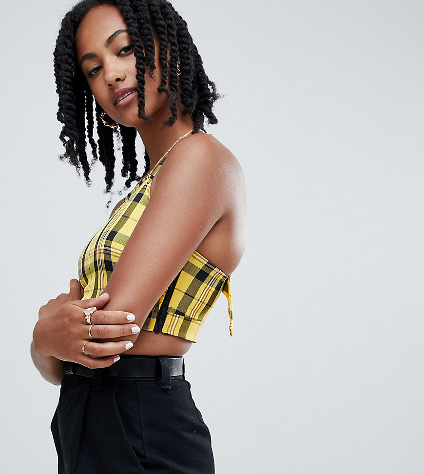 Reclaimed Vintage inspired cross back crop top in yellow check
