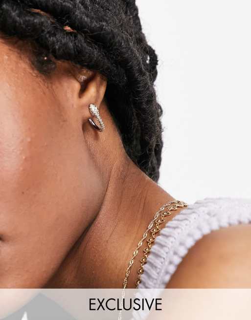 Reclaimed Vintage inspired crystal snake earrings in silver