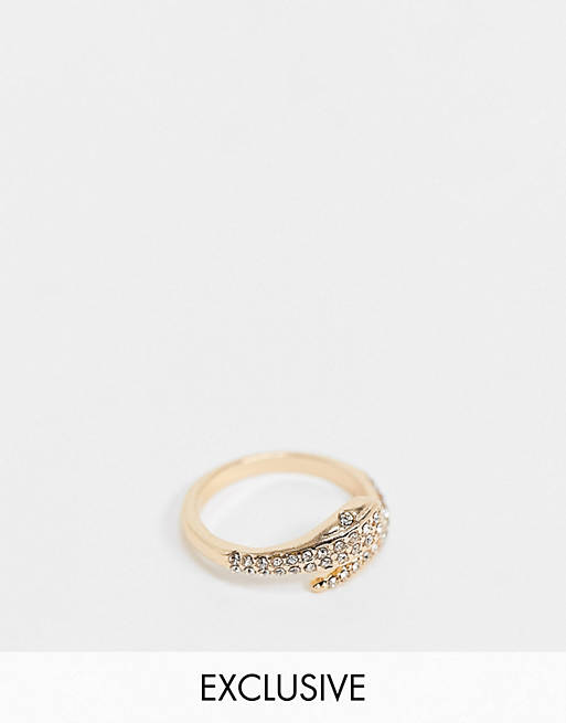 Reclaimed Vintage inspired crystal snake ring in gold