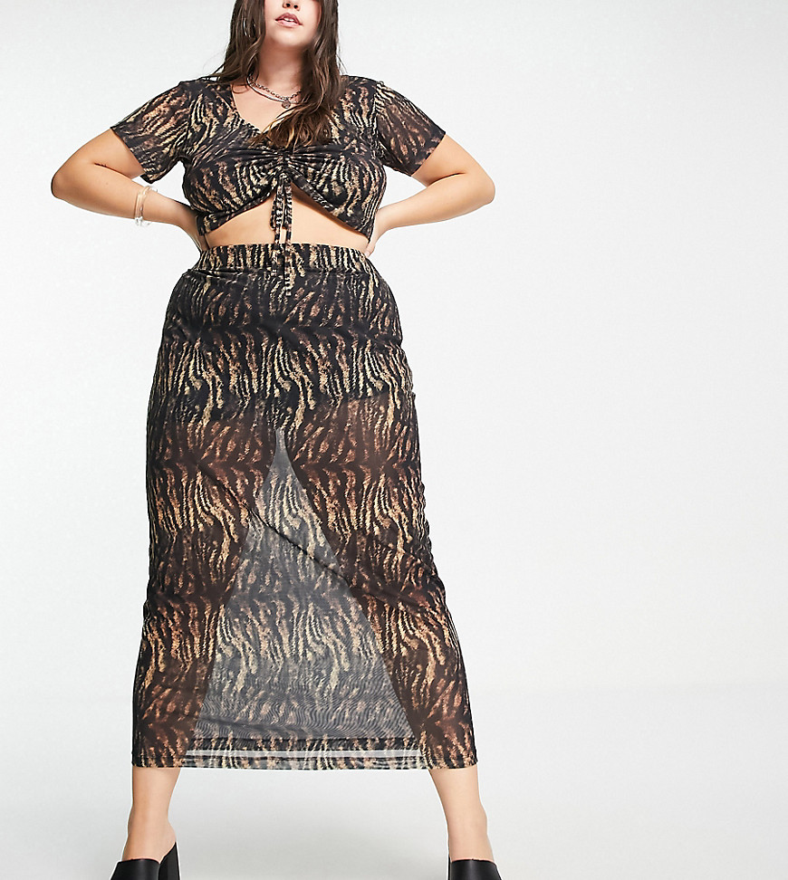 Reclaimed Vintage Inspired Curve Co-Ord Midi Skirt In Brown Animal Print