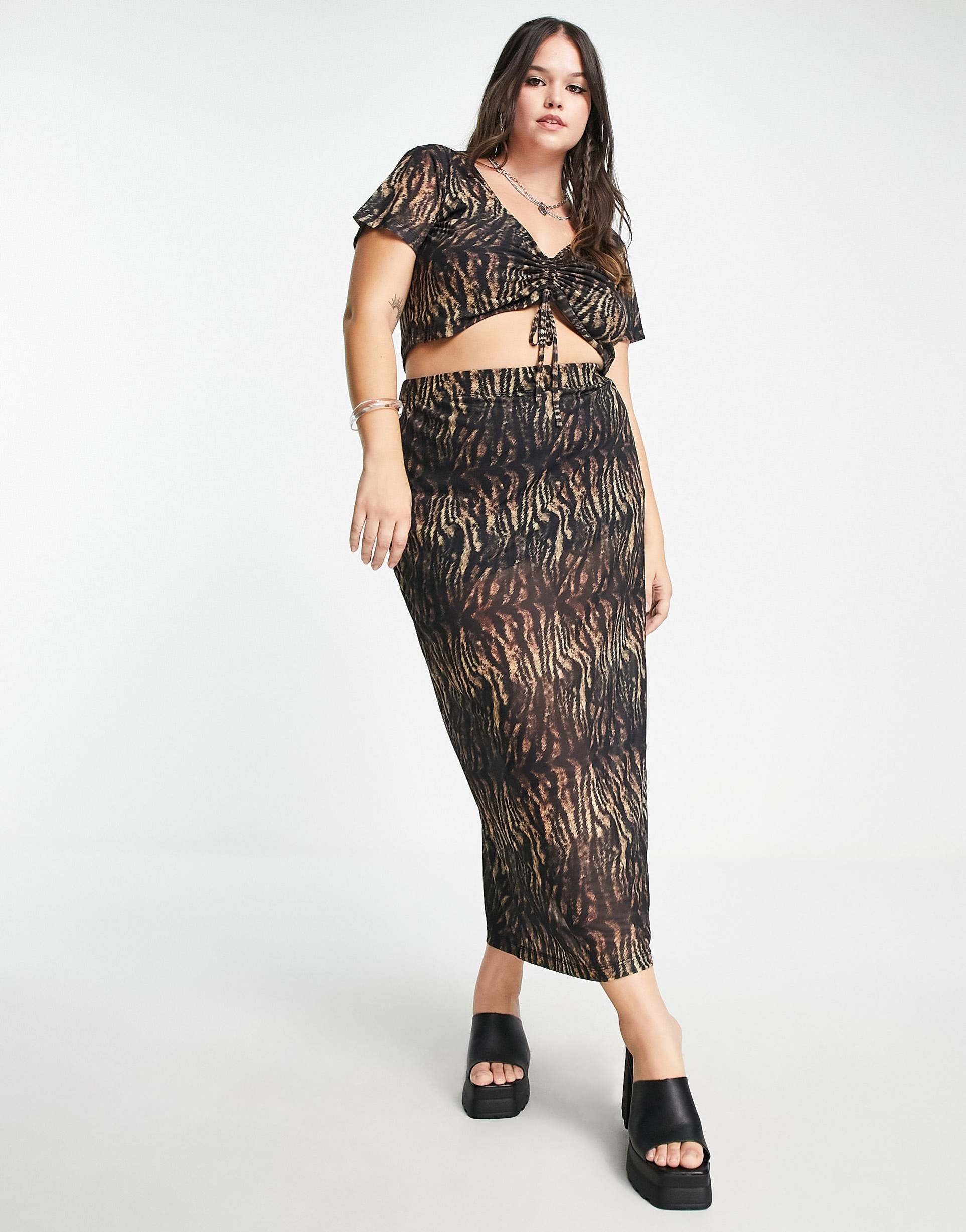 Reclaimed Vintage inspired curve co-ord midi skirt in brown animal print