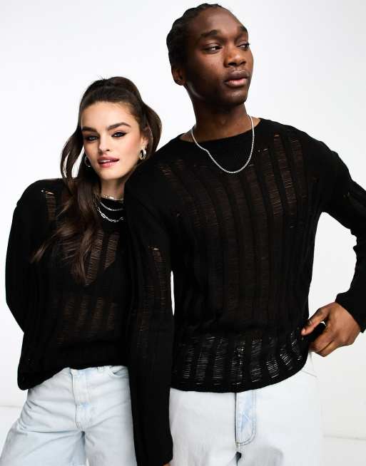 Reclaimed Vintage Inspired – Czarny, przylegający sweter unisex z drabinkowym wzorem
