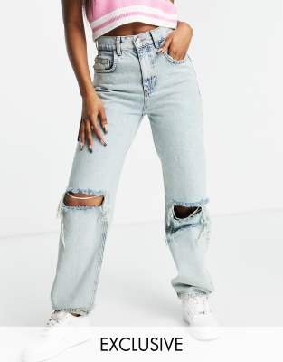 Reclaimed Vintage Inspired - Dad-Jeans im Stil der 90er in antiker Waschung mit extremen Zierrissen-Blau