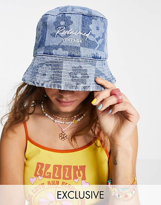 Reclaimed Vintage inspired denim bucket hat in checkerboard floral co-ord