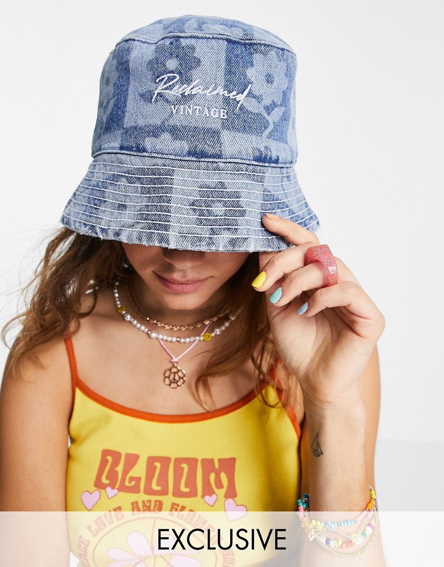 Reclaimed Vintage inspired denim bucket hat in checkerboard floral - part of a set-Blues