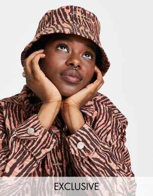 Reclaimed Vintage Inspired Denim Bucket Hat In Tiger Print Setmulti