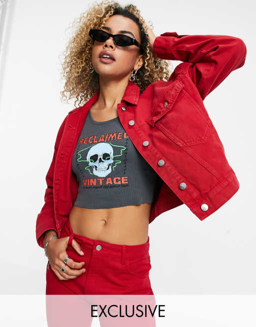 Reclaimed Vintage Inspired denim jacket in red ASOS