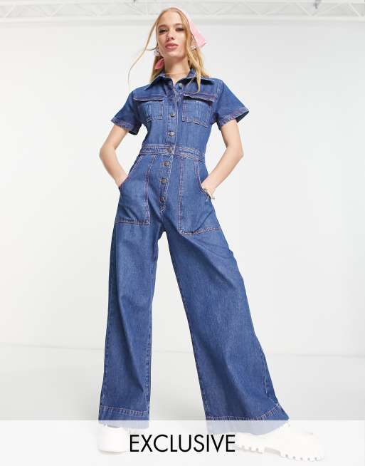 Retro top denim jumpsuit