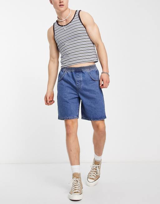Reclaimed Vintage Inspired denim shorts with elasticated waist in blue
