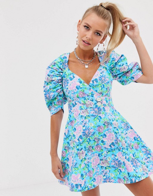 Reclaimed vintage inspired denim wrap front dress in floral print with puff sleeve