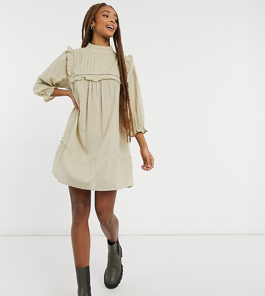Reclaimed Vintage inspired dobby mini dress with pintuck detail in ecru-Neutral