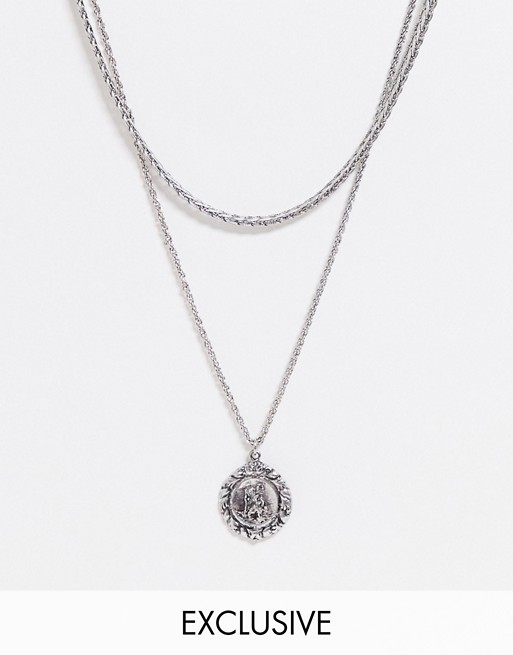 Reclaimed Vintage inspired double layered neck chain with st christopher pendant in burnished silver