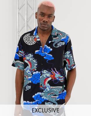 Reclaimed Vintage inspired dragon print revere shirt