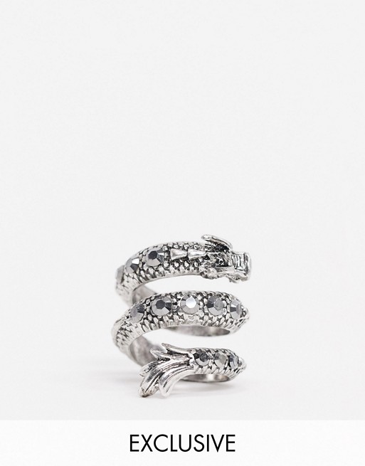 Reclaimed Vintage inspired dragon wraparound ring in burnished silver exclusive to ASOS