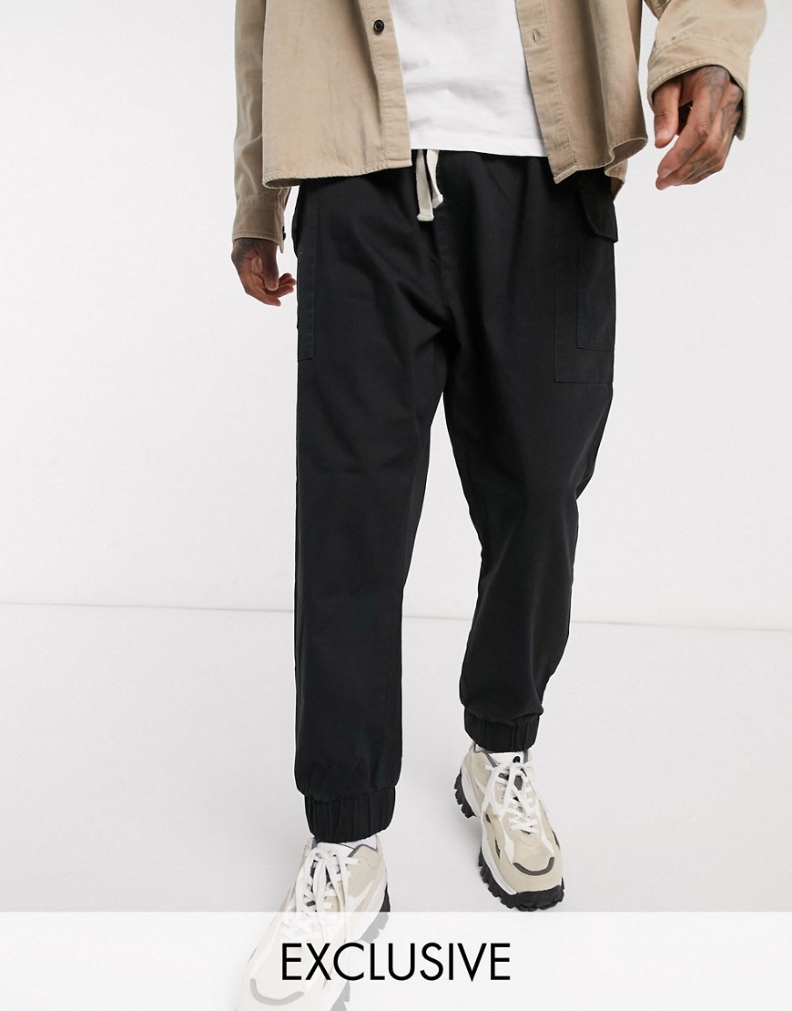 Reclaimed vintage inspired drop crotch cargo pants with drawstring in black