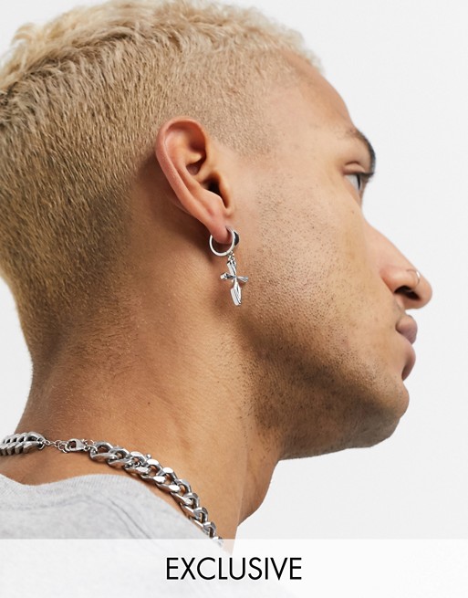 Reclaimed Vintage inspired drop hoop earrings with clean cross in silver