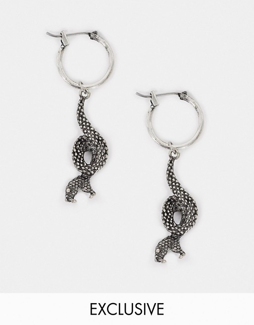 Reclaimed Vintage inspired drop hoop earrings with snake charms in silver