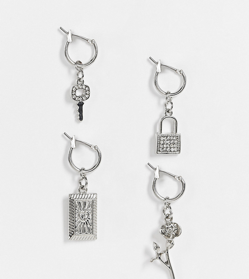 Reclaimed Vintage inspired earrings with lock and key charms in silver 4 pack