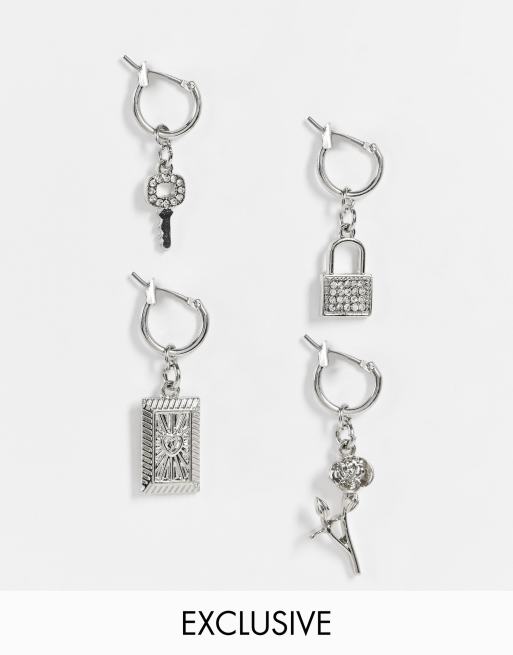 Reclaimed Vintage inspired earrings with lock and key charms in silver 4 pack ASOS