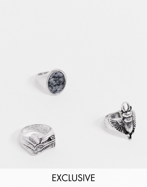Reclaimed Vintage inspired Egyptian ring pack in silver