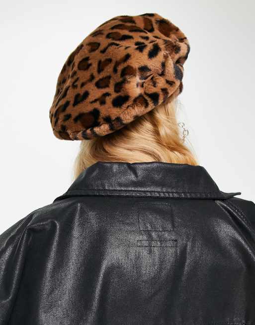 Reclaimed Vintage inspired faux fur beret in leopard print, 4 of 4
