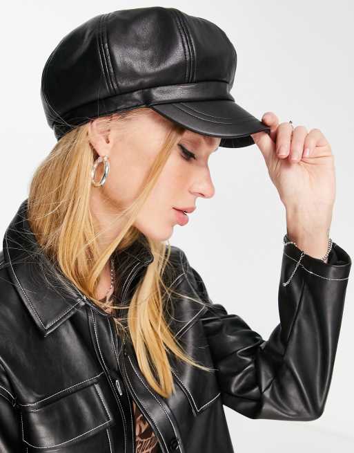 Reclaimed Vintage inspired faux leather baker hat in black ASOS