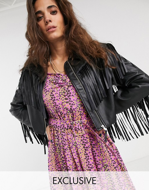 Reclaimed Vintage inspired faux leather jacket with fringing in black