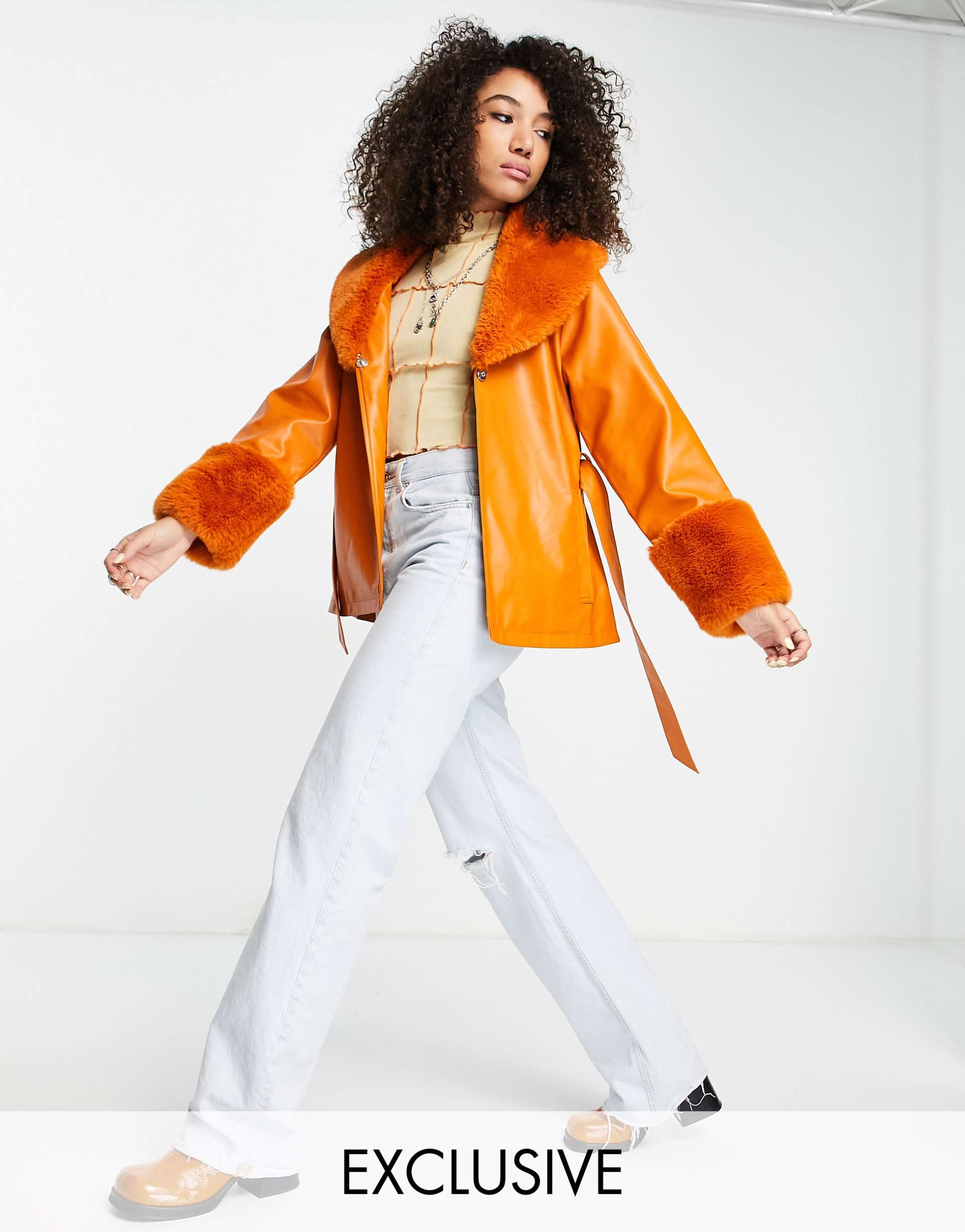 Reclaimed Vintage inspired faux leather mac with faux fur trim in bright orange view 2