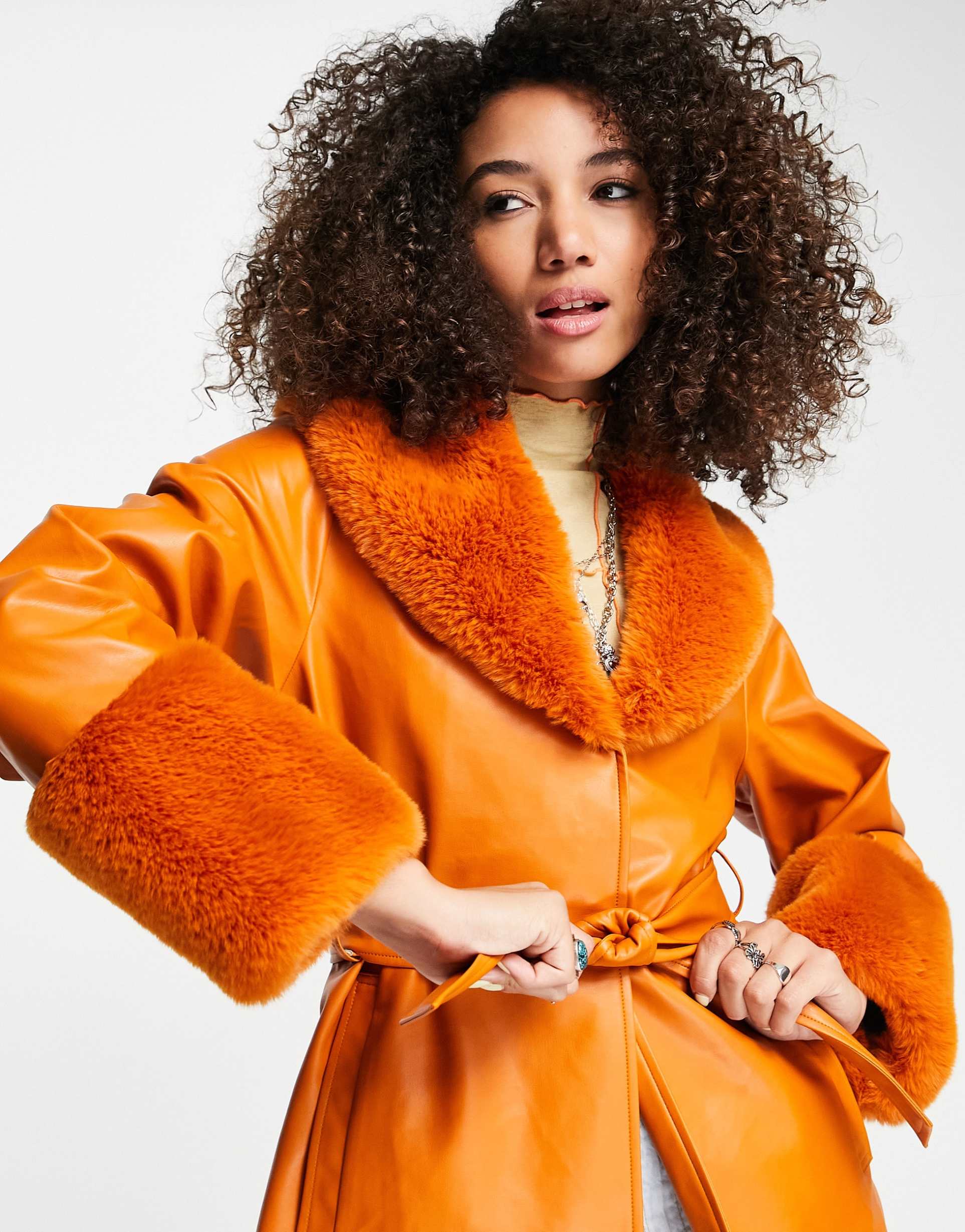 Reclaimed Vintage inspired faux leather mac with faux fur trim in bright orange view 3
