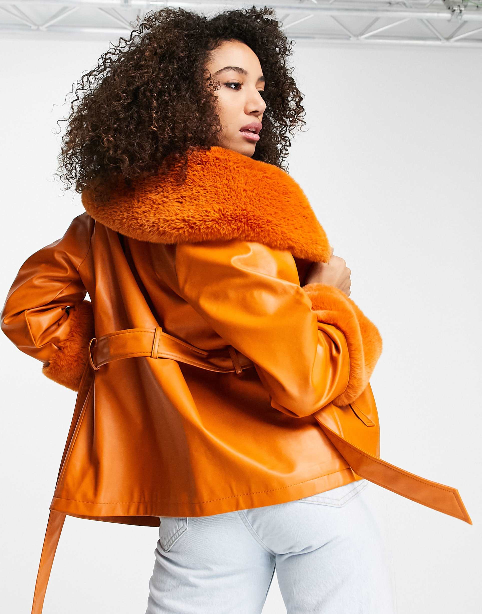 Reclaimed Vintage inspired faux leather mac with faux fur trim in bright orange view 4