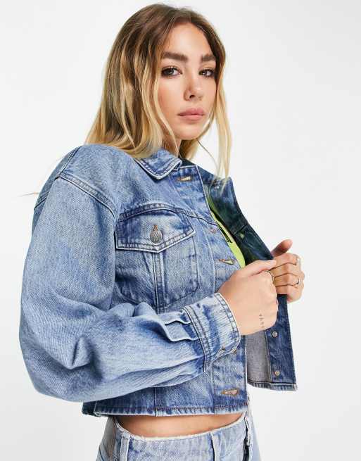 Reclaimed Vintage inspired fitted balloon sleeve denim jacket in mid blue wash
