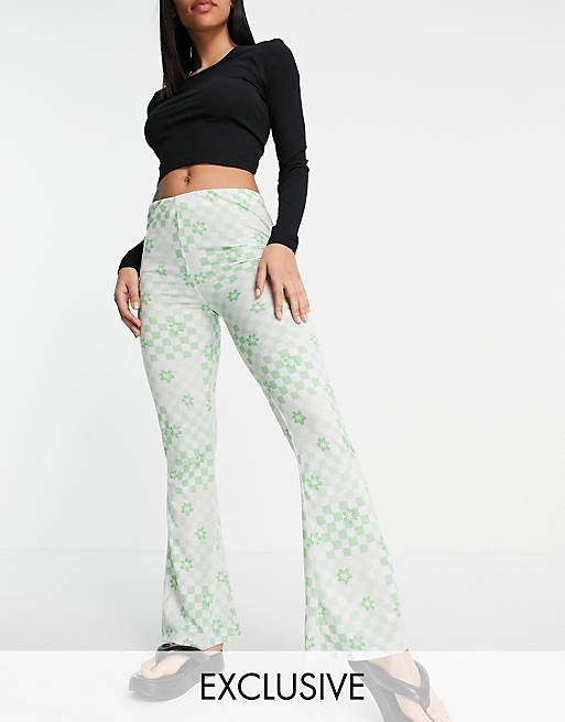Reclaimed Vintage inspired flares in checkerboard floral print