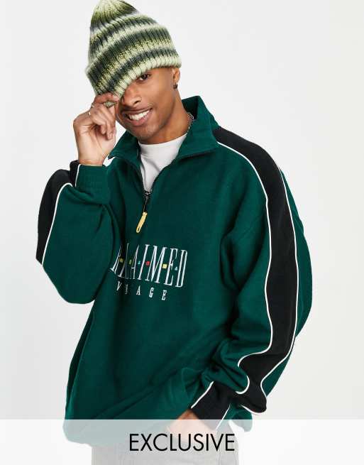 Reclaimed Vintage Inspired - Fleece met korte rits en geborduurd logo in groen 