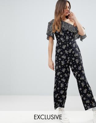 Reclaimed Vintage Inspired Floral One Shoulder Jumpsuit-black