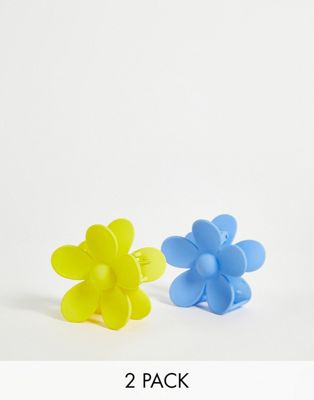 Reclaimed Vintage inspired flower hair clip 2 pack in blue and yellow