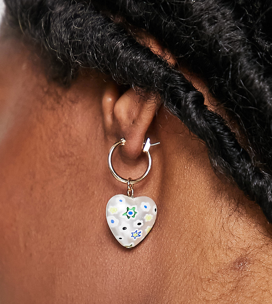 Reclaimed Vintage Inspired flower heart drop hoop earrings in faux pearl-Multi