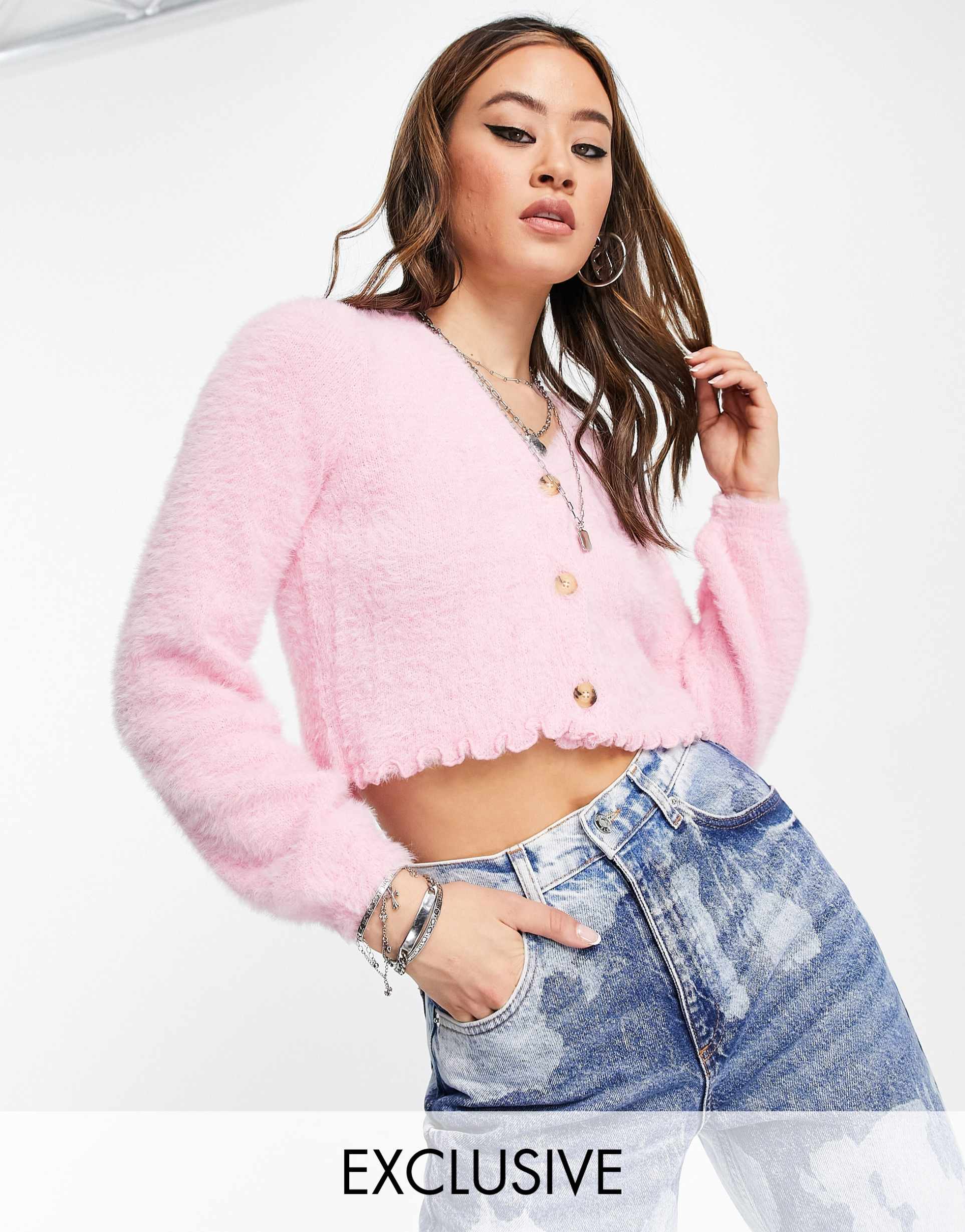 Reclaimed Vintage inspired fluffy cardigan with lettuce hem in pink co-ord view 2
