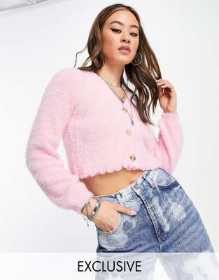 Reclaimed Vintage inspired fluffy cardigan with lettuce hem in pink - part  of a set | Smart Closet