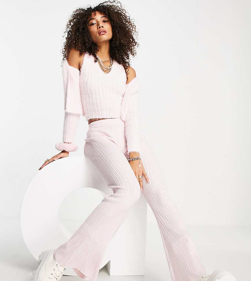 Reclaimed Vintage inspired fluffy rib knitted flare in pink co ord