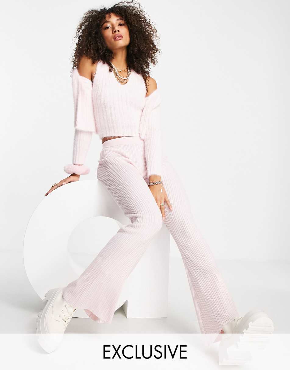 Reclaimed Vintage inspired fluffy rib knitted flare in pink co ord