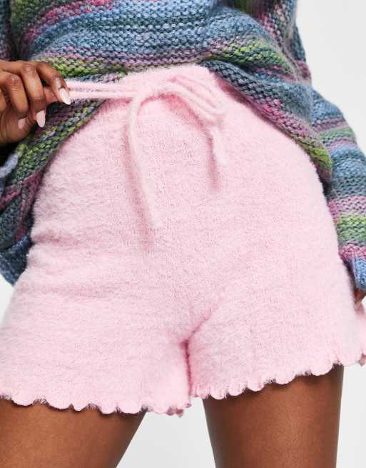 Reclaimed Vintage inspired fluffy shorts with lettuce hem in pink co ord